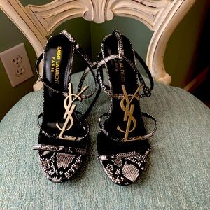 YSL black and white snake print sandals